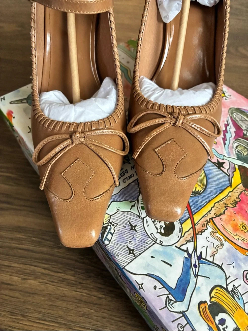 Free People “Amorette”Cognac Tan Leather Mary Jane Block Heels
